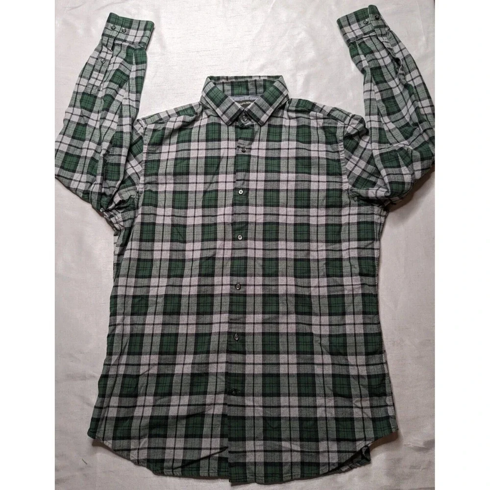 BANANA REPUBLIC Men Large Green Gray Plaid Cotton FLANNEL‎ Shirt